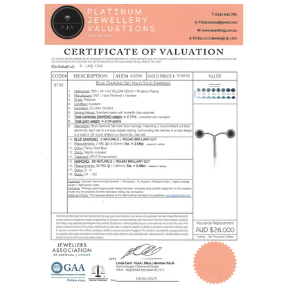 Yellow Gold/Rhodium Vivid Blue Diamond Halo Stud Earrings