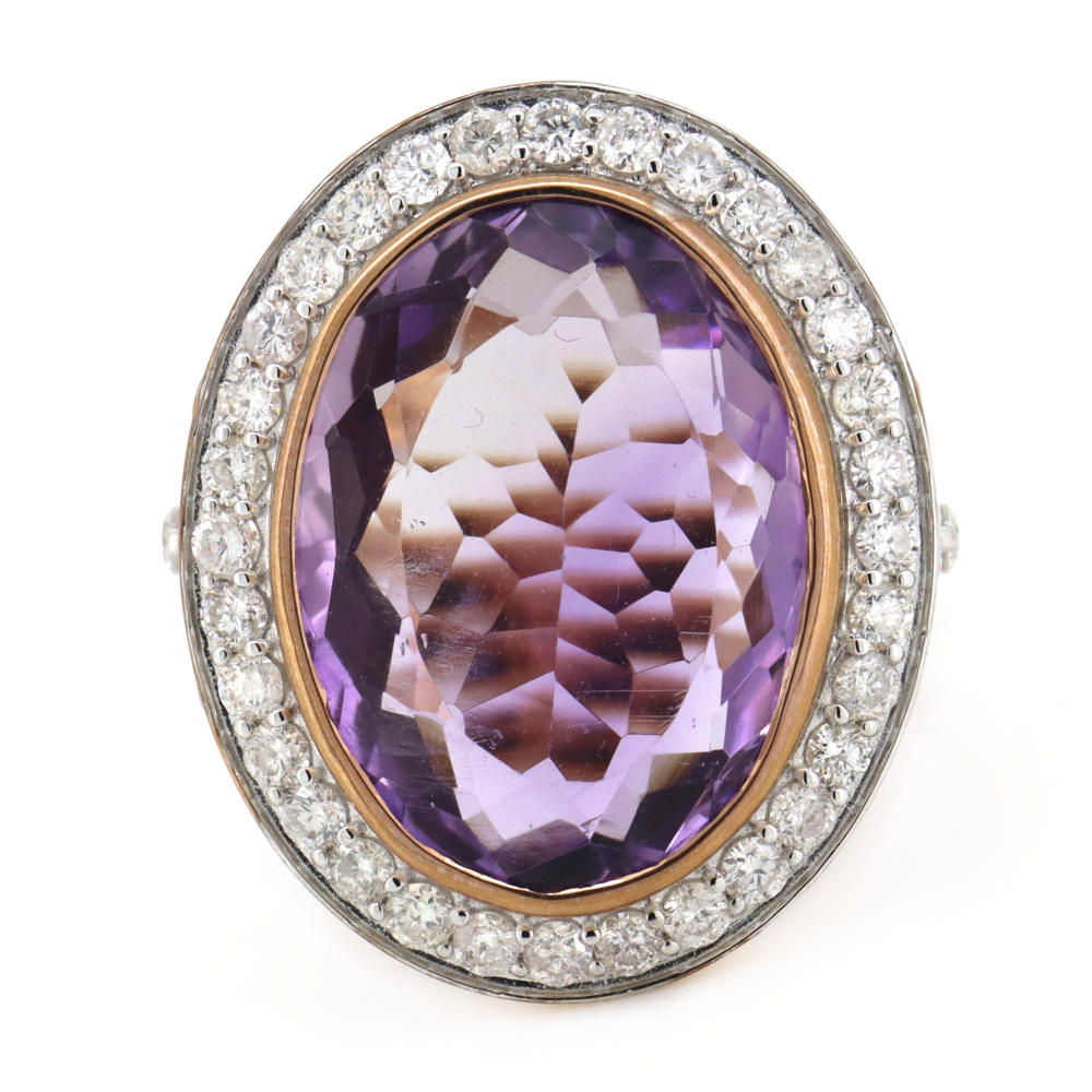 10K Rose Gold, 13.05ct Amethyst and Diamond, Halo Cocktail Ring