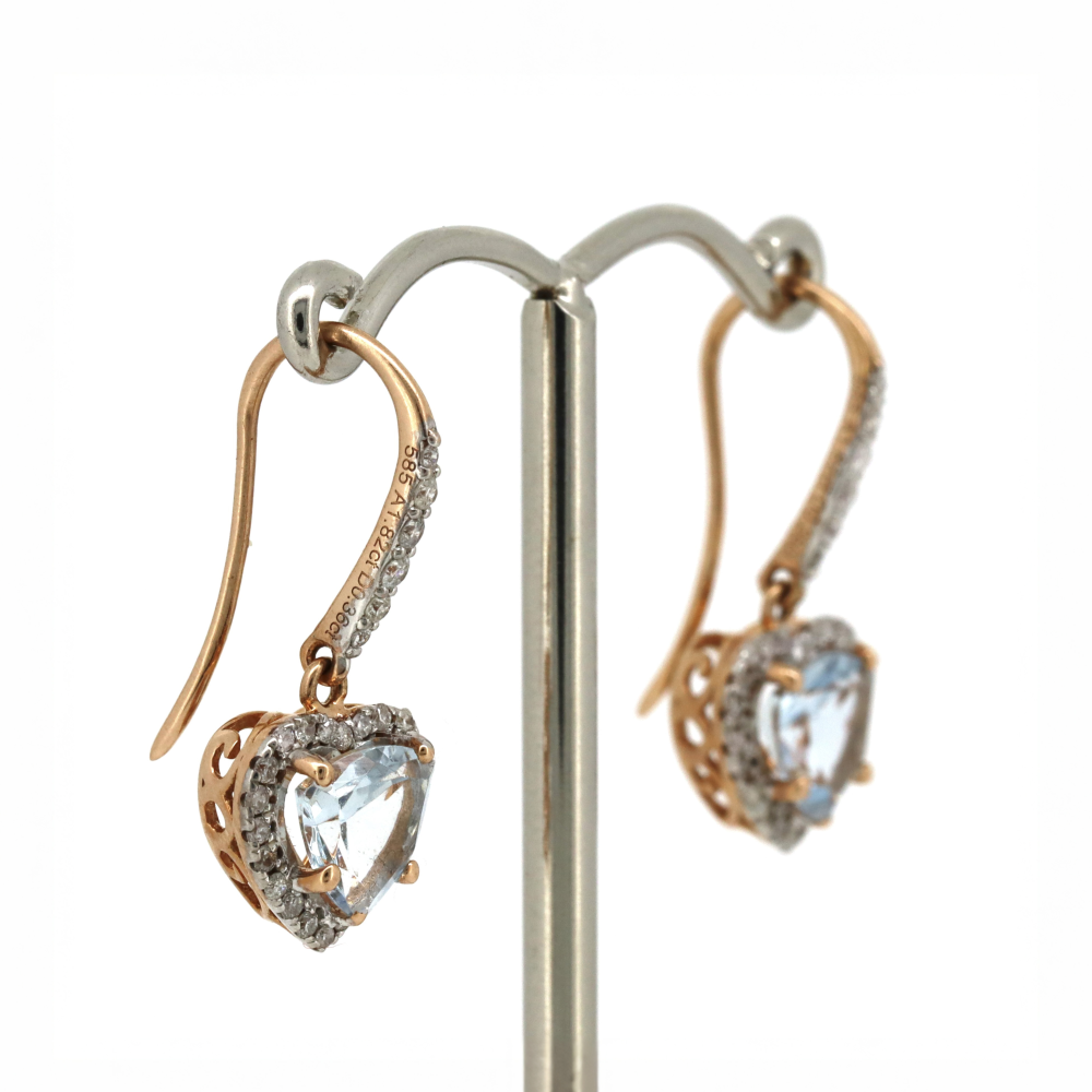 1.82ct TSW Rose Gold Aquamarine and Diamond Halo Heart Earrings