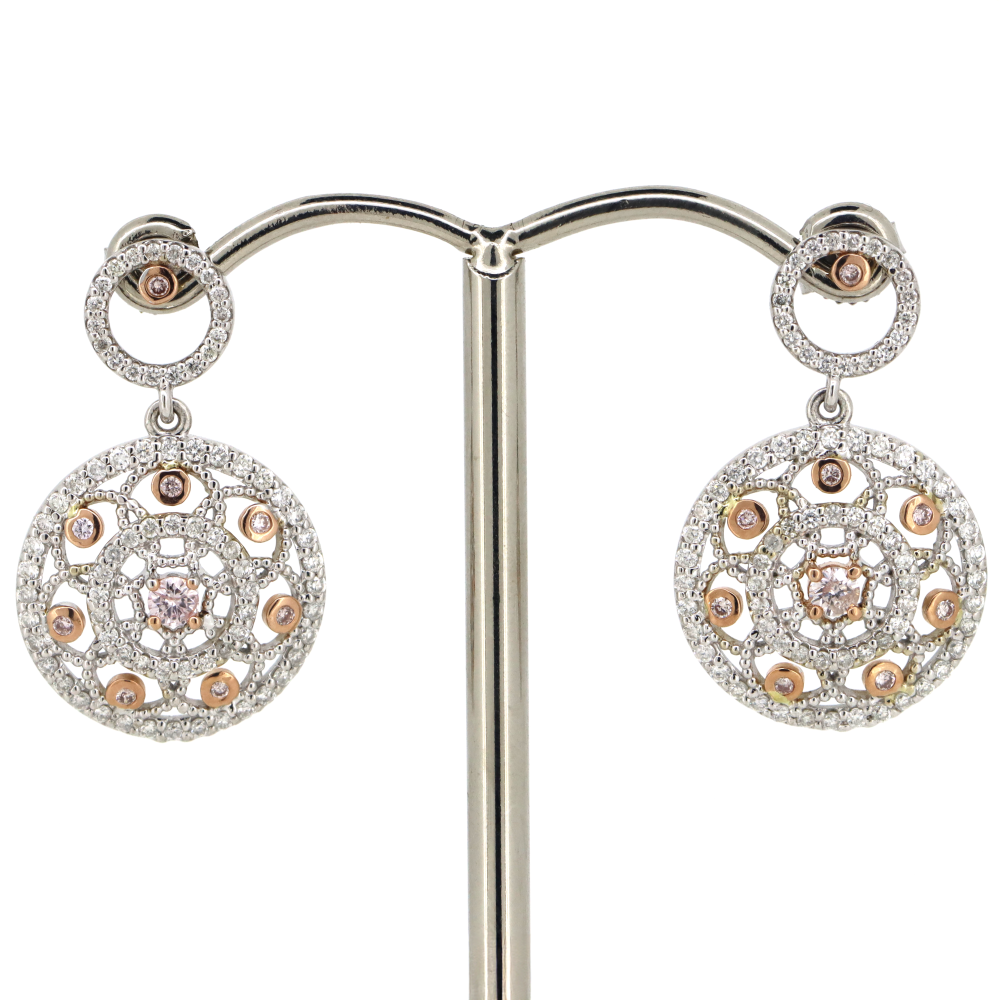 White/Rose Gold Blush Pink Diamond Art Deco Drop Earrings