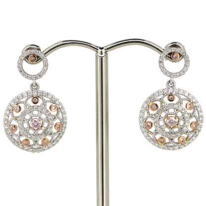 White/Rose Gold Blush Pink Diamond Art Deco Drop Earrings