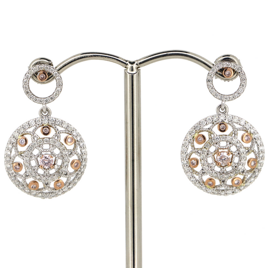 White/Rose Gold Blush Pink Diamond Art Deco Drop Earrings