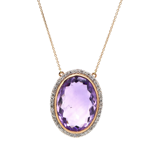 10K Rose Gold, 16.10ct Amethyst and Diamond, Halo Necklace