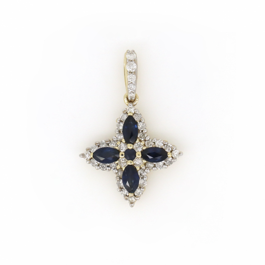 Yellow Gold Blue Sapphire and Diamond Decorative Drop Pendant