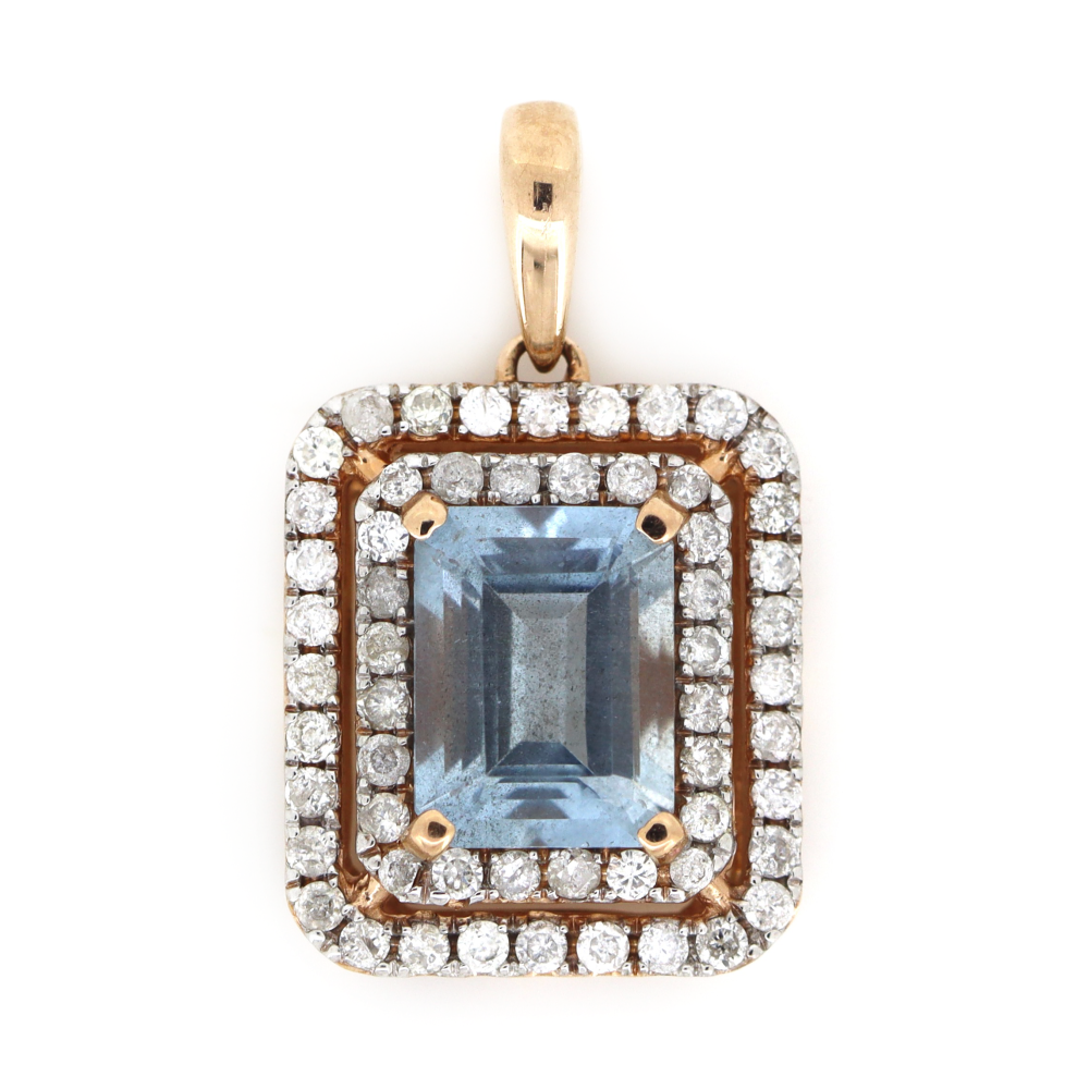 1.89ct Rose Gold Aquamarine and Diamond Double Halo Pendant