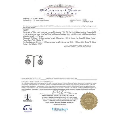 White/Rose Gold Blush Pink Diamond Art Deco Drop Earrings