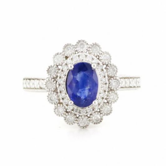 Ceylon Sapphire and Diamond Halo Ring