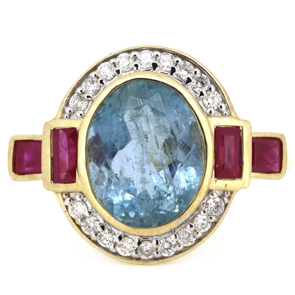 2.91ct Yellow Gold Aquamarine, Ruby and Diamond Art Deco Style Halo Ring