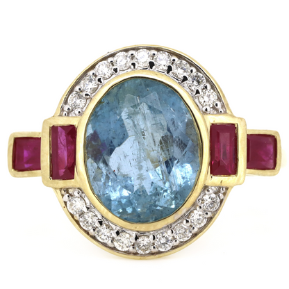 2.91ct Yellow Gold Aquamarine, Ruby and Diamond Art Deco Style Halo Ring