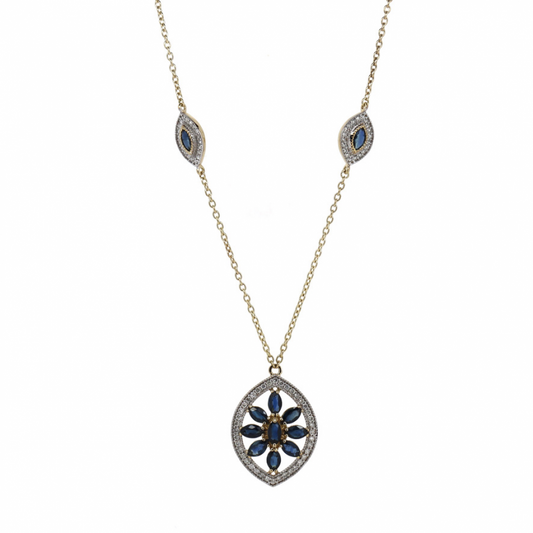 2.88ct Yellow Gold Blue Sapphire and Diamond Decorative Pendant Necklace
