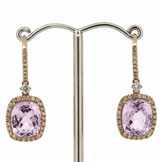 Rose Gold, Kunzite and Diamond, Halo Drop Earrings