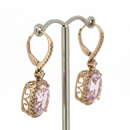 Rose Gold, Kunzite and Diamond, Halo Drop Earrings