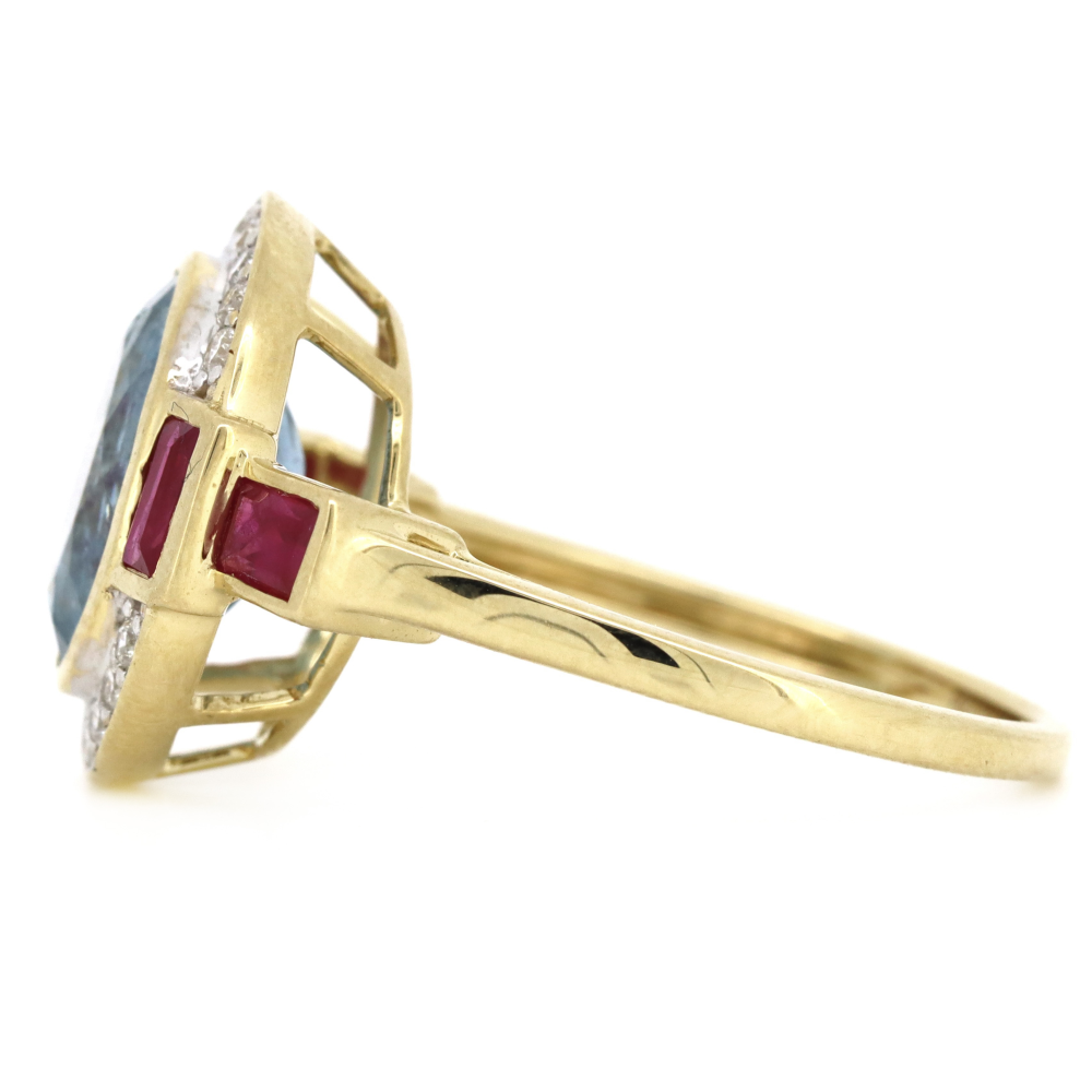 2.91ct Yellow Gold Aquamarine, Ruby and Diamond Art Deco Style Halo Ring