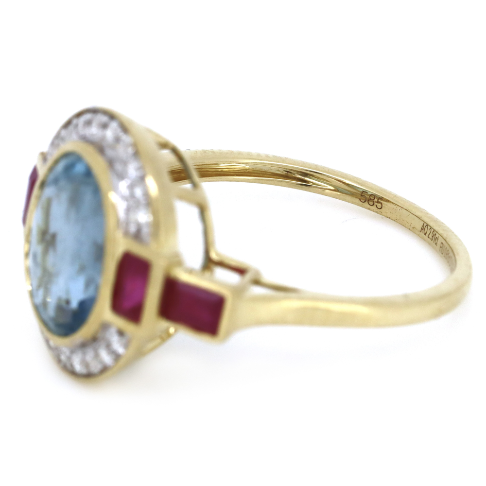 2.91ct Yellow Gold Aquamarine, Ruby and Diamond Art Deco Style Halo Ring