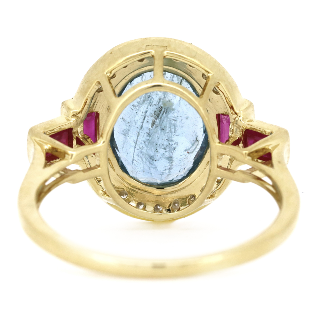 2.91ct Yellow Gold Aquamarine, Ruby and Diamond Art Deco Style Halo Ring