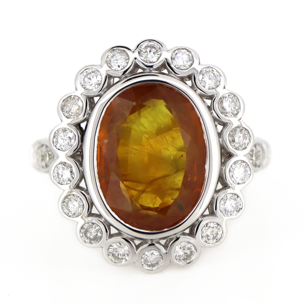 White Gold Orange Sapphire and Diamond Antique Inspired Halo Ring