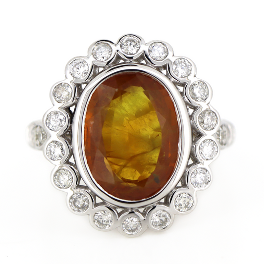 White Gold Orange Sapphire and Diamond Antique Inspired Halo Ring
