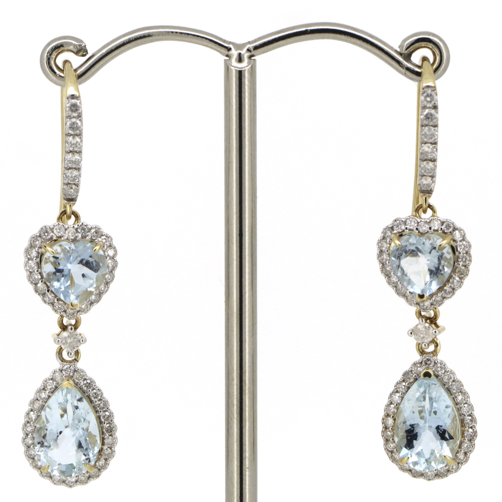Yellow Gold, Heart and Pear cut Aquamarine and Diamond, Halo Drop Earrings