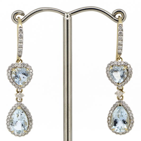 Yellow Gold, Heart and Pear cut Aquamarine and Diamond, Halo Drop Earrings