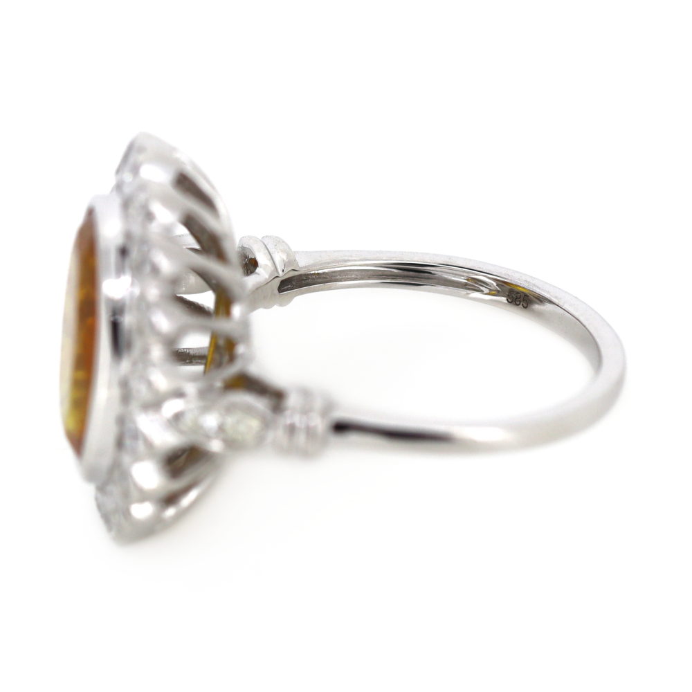 White Gold Orange Sapphire and Diamond Antique Inspired Halo Ring