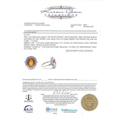 White Gold Orange Sapphire and Diamond Antique Inspired Halo Ring