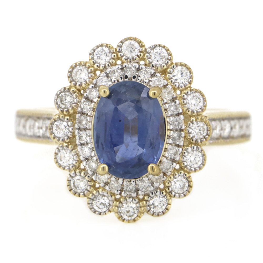 Yellow Gold Blue Ceylon Sapphire & Diamond Double Halo Ring