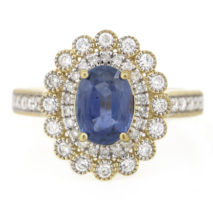 Yellow Gold Blue Ceylon Sapphire & Diamond Double Halo Ring