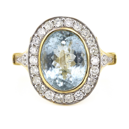 4.08ct Yellow Gold, Aquamarine and Diamond, Halo Ring
