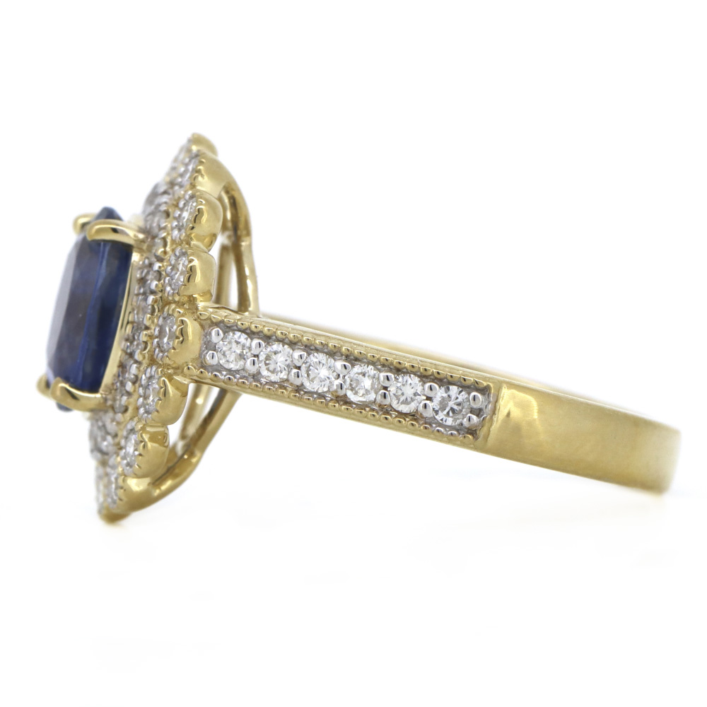 Yellow Gold Blue Ceylon Sapphire & Diamond Double Halo Ring