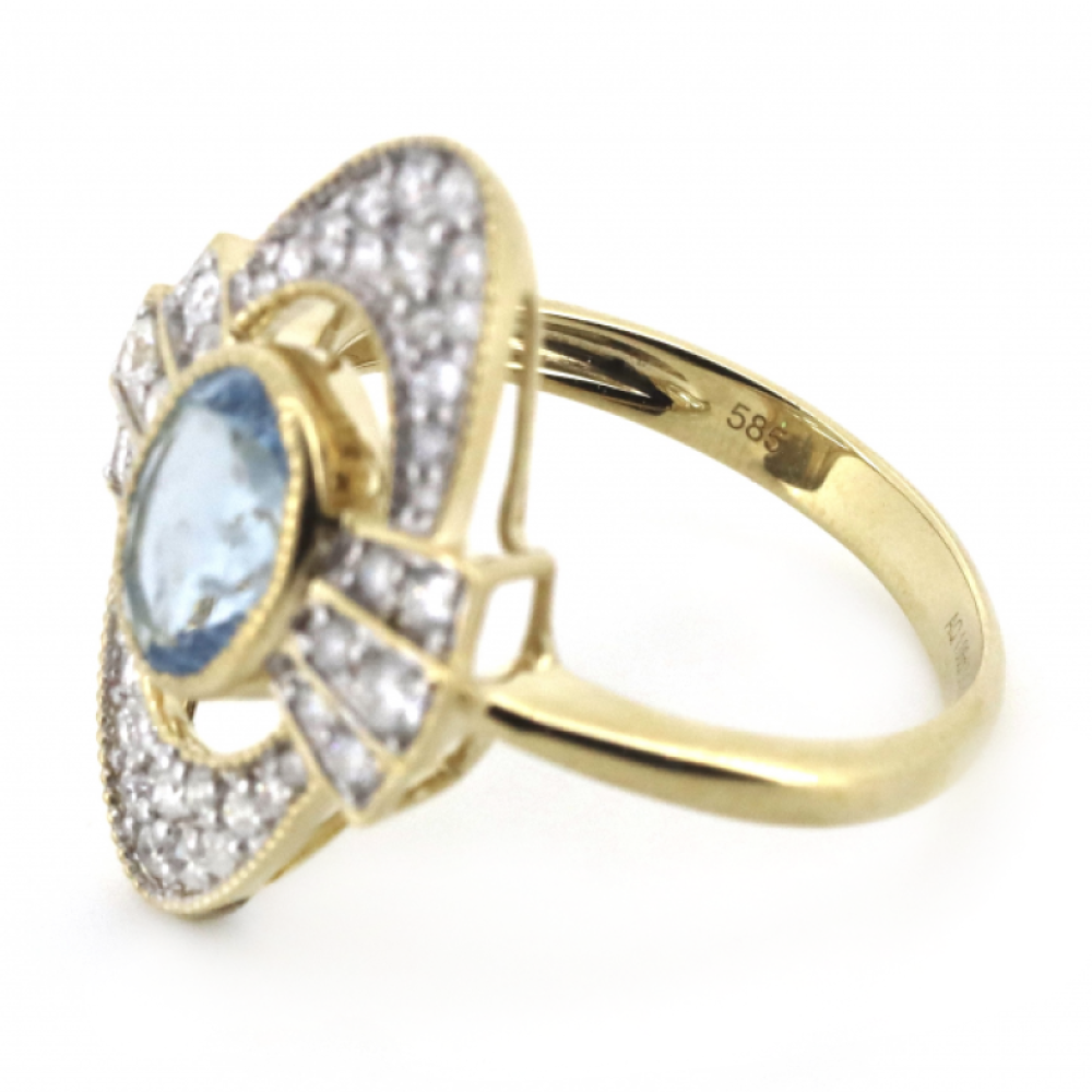 Yellow Gold 1.19ct Santa Maria Blue Aquamarine and Diamond Art Deco Inspired Ring