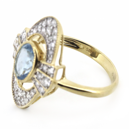 Yellow Gold 1.19ct Santa Maria Blue Aquamarine and Diamond Art Deco Inspired Ring
