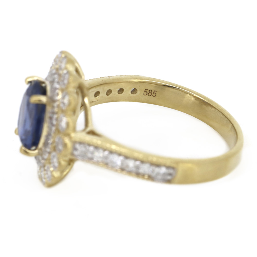 Yellow Gold Blue Ceylon Sapphire & Diamond Double Halo Ring