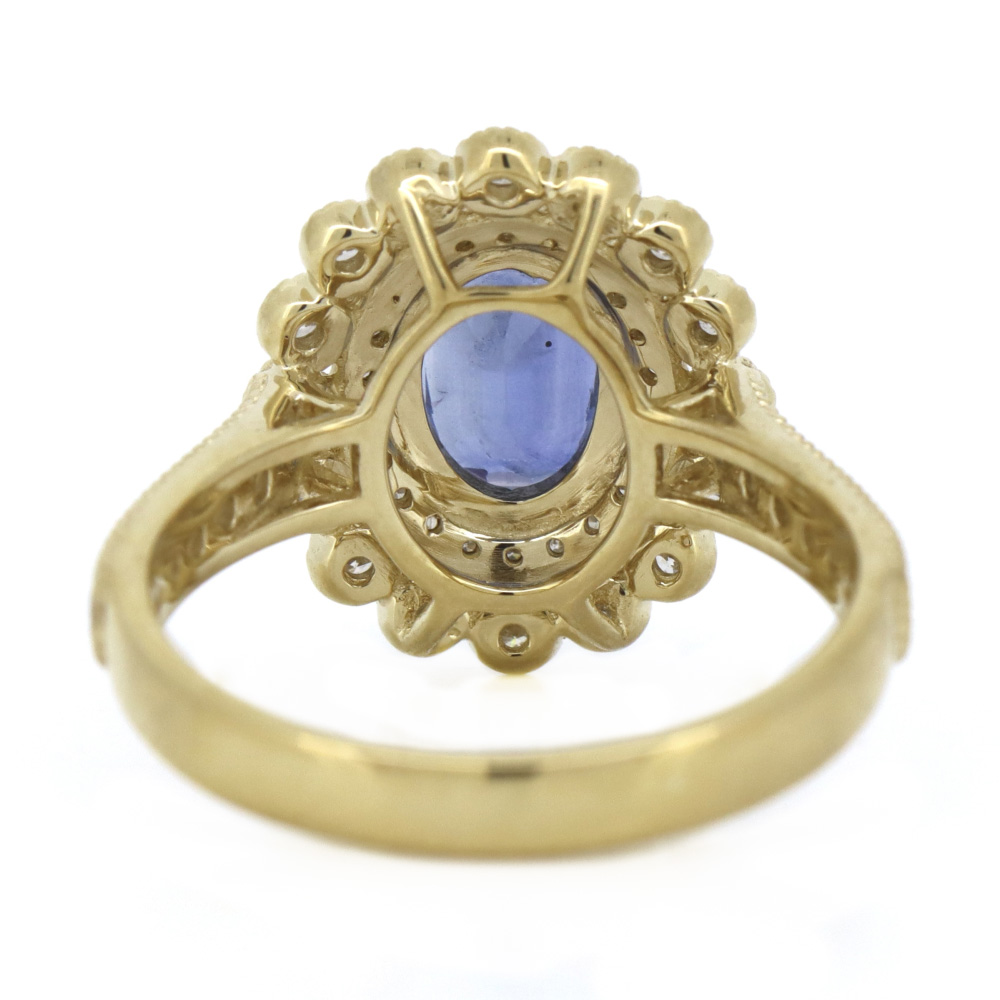 Yellow Gold Blue Ceylon Sapphire & Diamond Double Halo Ring