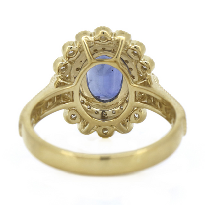 Yellow Gold Blue Ceylon Sapphire & Diamond Double Halo Ring