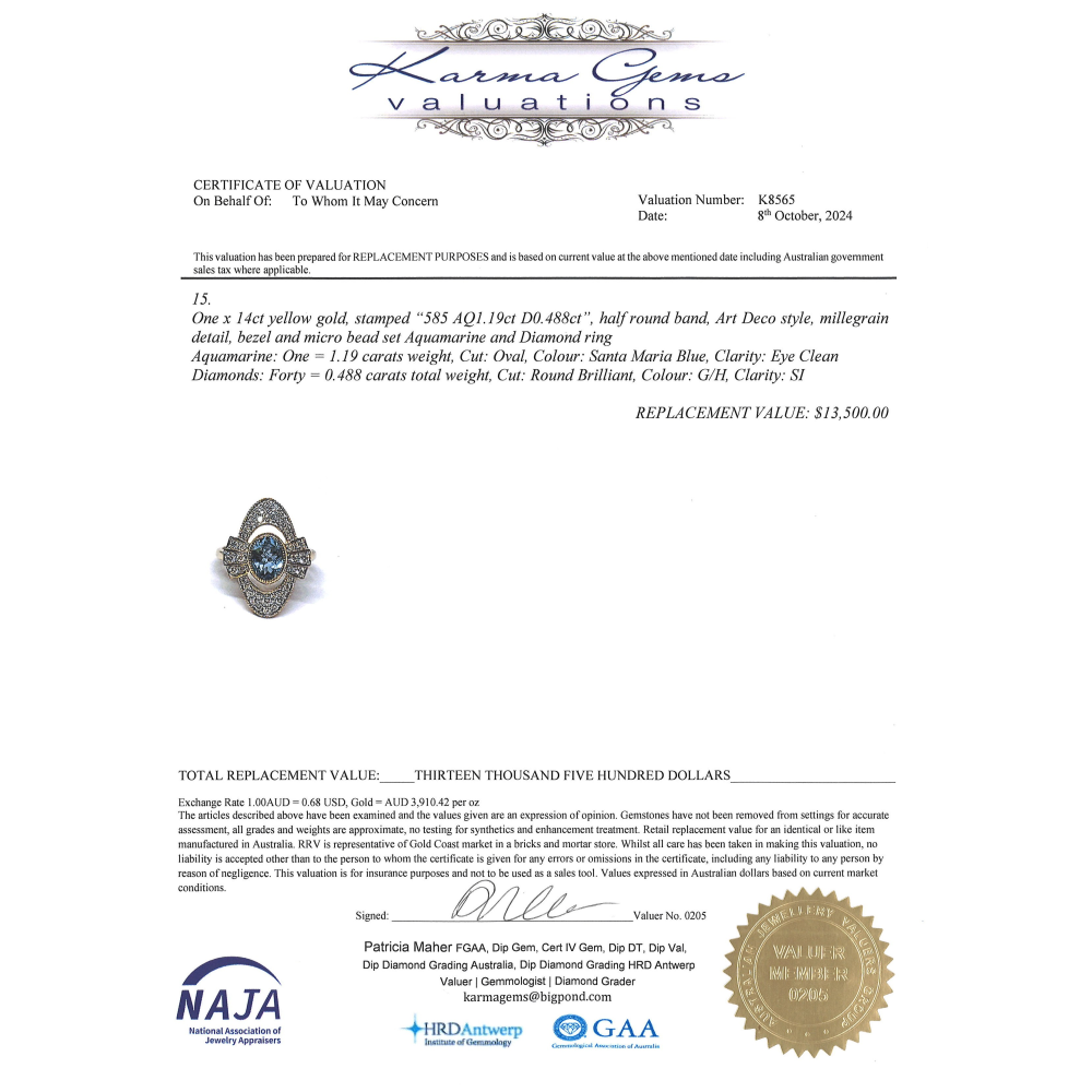 Yellow Gold 1.19ct Santa Maria Blue Aquamarine and Diamond Art Deco Inspired Ring