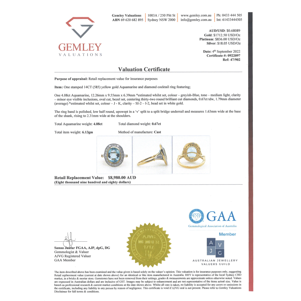 4.08ct Yellow Gold, Aquamarine and Diamond, Halo Ring