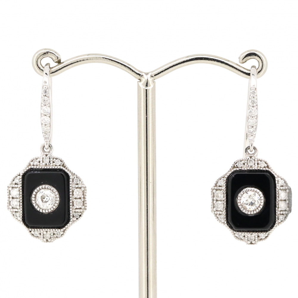 White Gold Onyx and Diamond Antique Inspired Drop Earrings