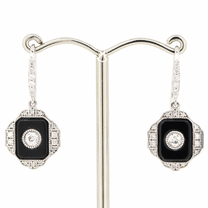 White Gold Onyx and Diamond Antique Inspired Drop Earrings