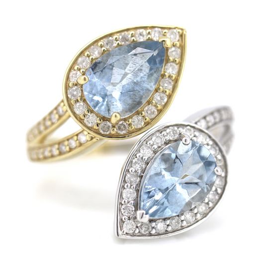 Yellow/White Gold, Pear Cut Aquamarine and Diamond, Open Band Dress Ring