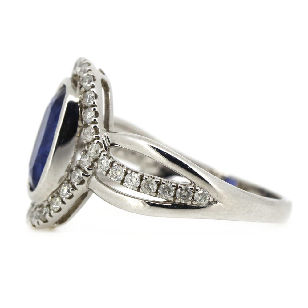 White Gold Blue Sapphire & Diamond Halo Ring