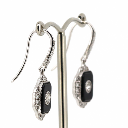 White Gold Onyx and Diamond Antique Inspired Drop Earrings