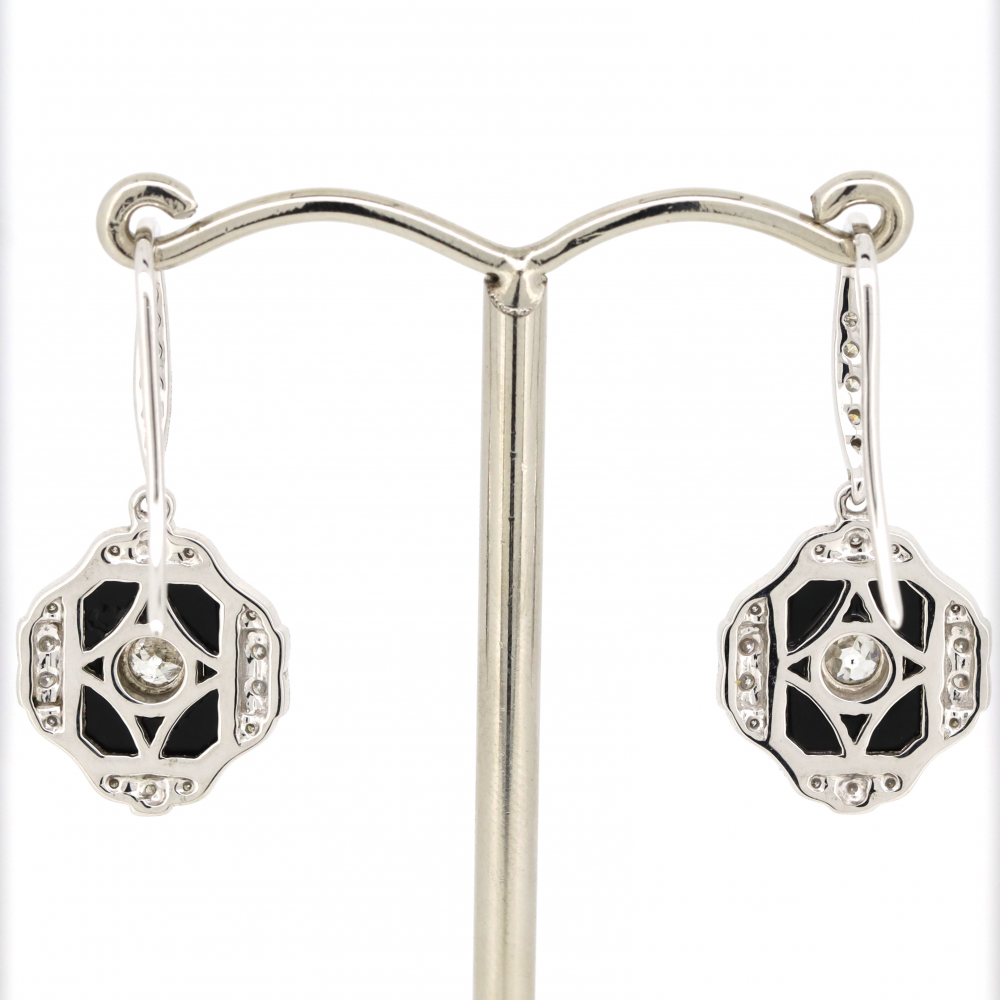 White Gold Onyx and Diamond Antique Inspired Drop Earrings