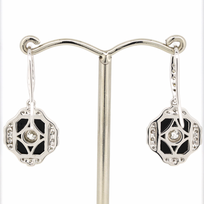 White Gold Onyx and Diamond Antique Inspired Drop Earrings