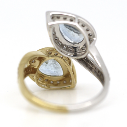 Yellow/White Gold, Pear Cut Aquamarine and Diamond, Open Band Dress Ring