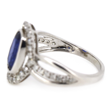 White Gold Blue Sapphire & Diamond Halo Ring