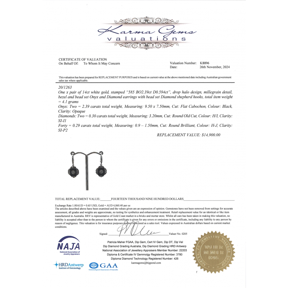 White Gold Onyx and Diamond Antique Inspired Drop Earrings