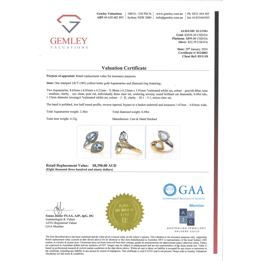 Yellow/White Gold, Pear Cut Aquamarine and Diamond, Open Band Dress Ring