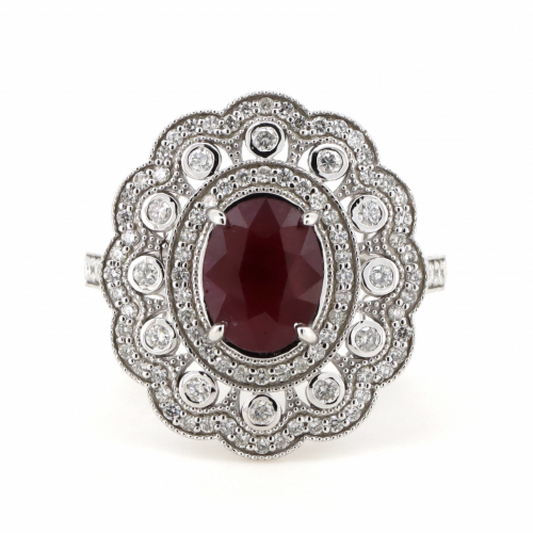 White Gold Ruby & Diamond Double Halo Statement Ring – Oval Cut Elegance