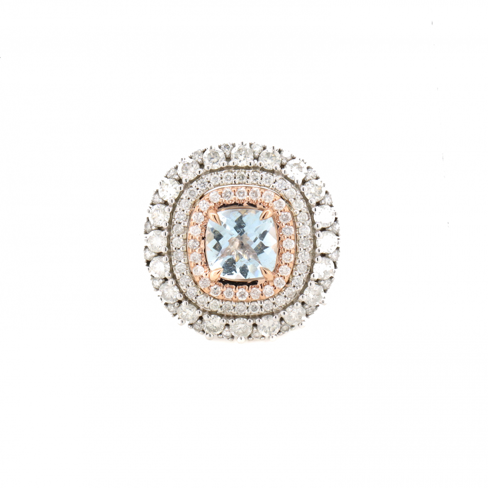 White/Rose Gold Aquamarine and Diamond Triple Halo Ring