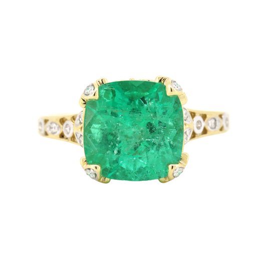 Rhodium-Plated Colombian Emerald and Diamond Vintage-Inspired Ring